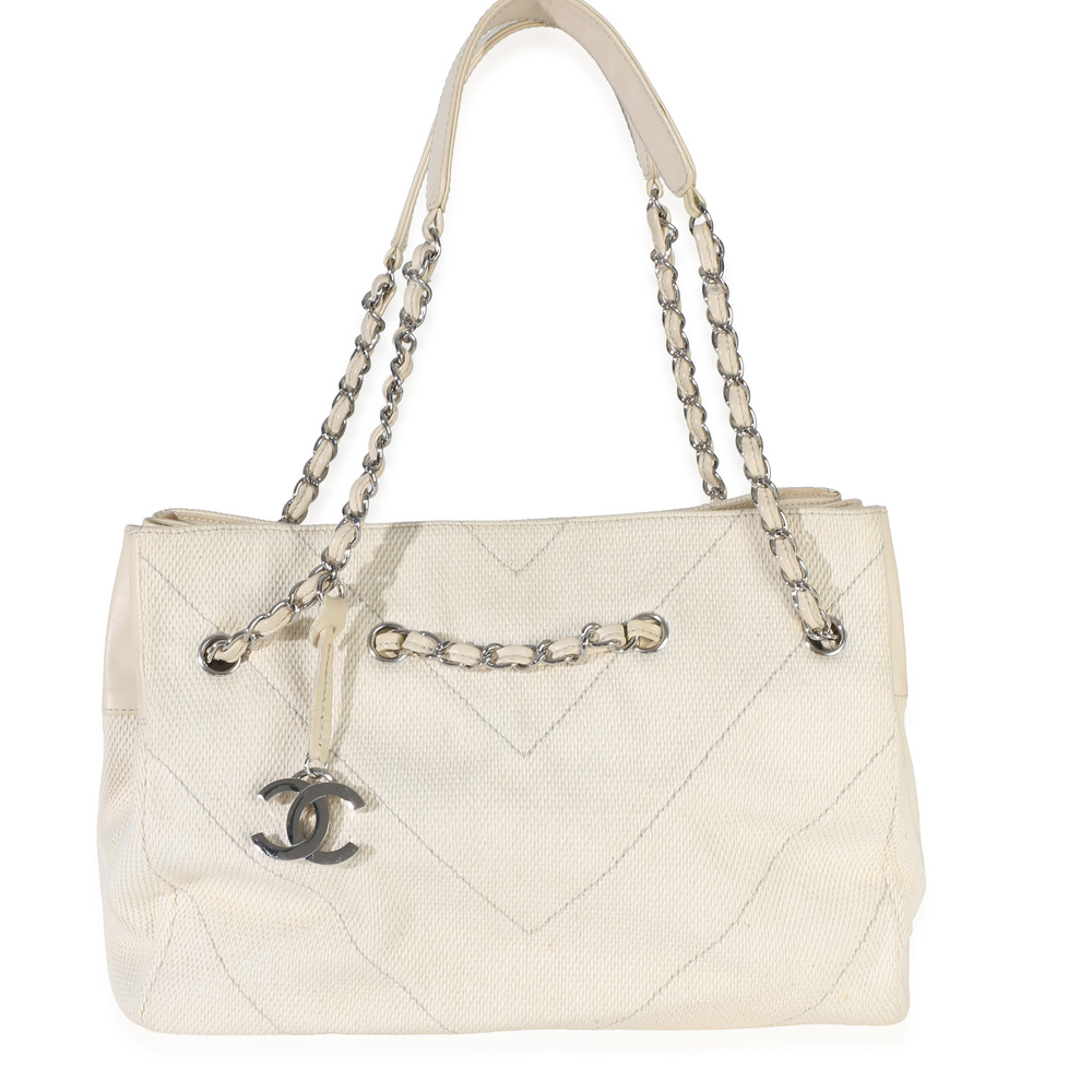Chanel Beige Ecru Chevron Canvas CC Tote
